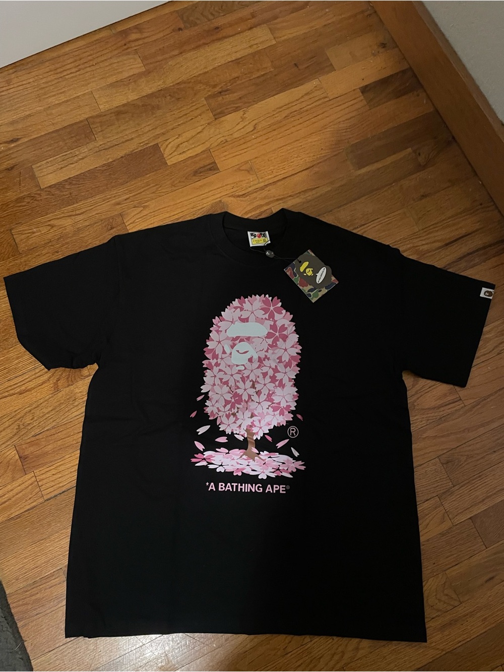 Bape Black Short Sleeve Tee with Pink Sakura Ape Graphic
